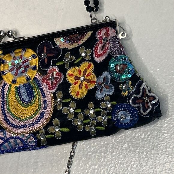 Y2K 90s MULTI COLOR Purse Beads Sequins Embroidered 10x4 Kiss Lock Whimsical - Picture 5 of 6